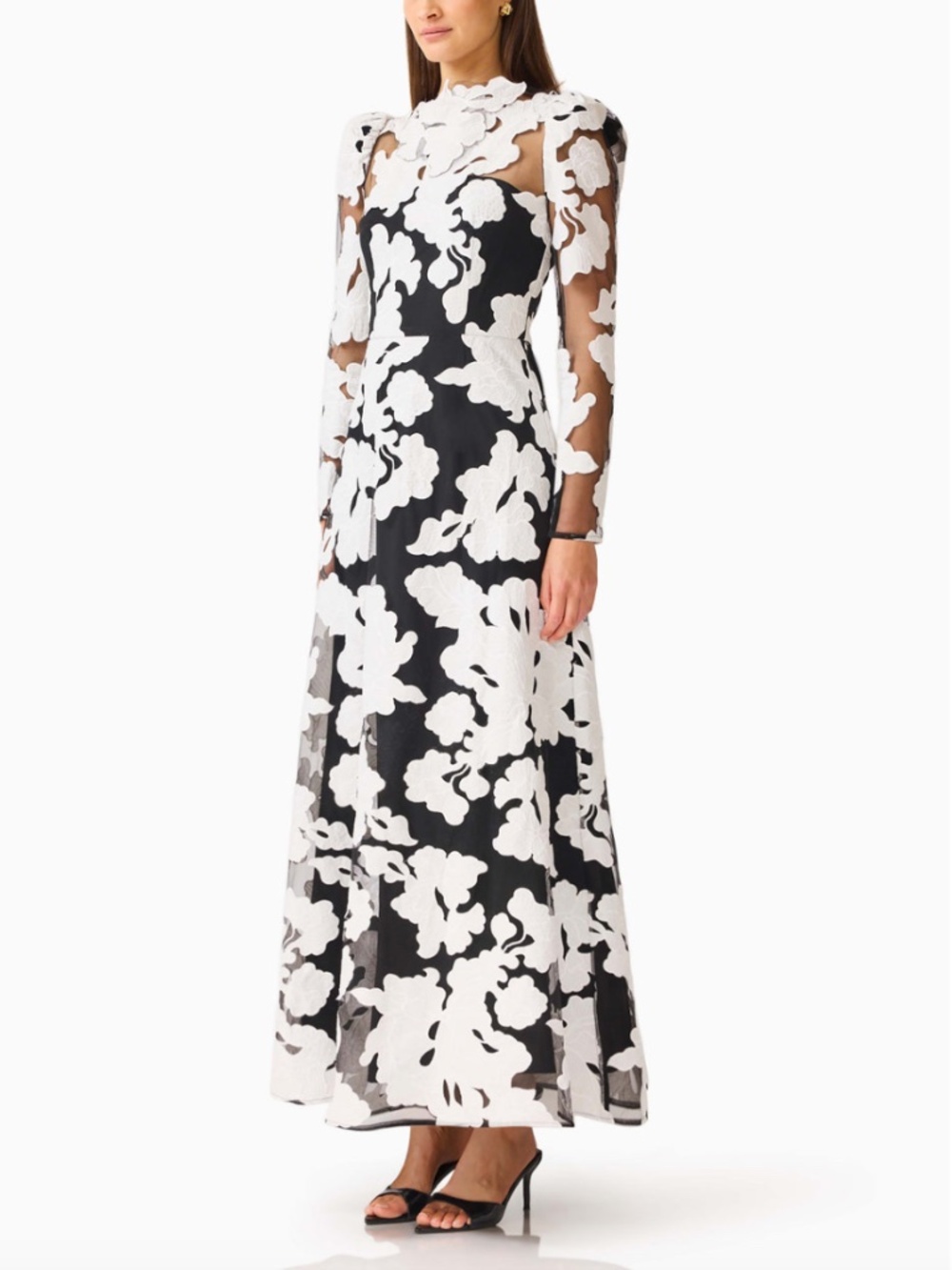 ELLIATT Bloomnoir Long Sleeve Maxi Dress Black White Floral Mesh Sheer - SMALL